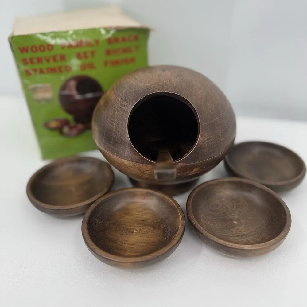 Wood Family Snack Orb Sphere Spoon & 4 personal Snack bowls VINTAGE With Tags